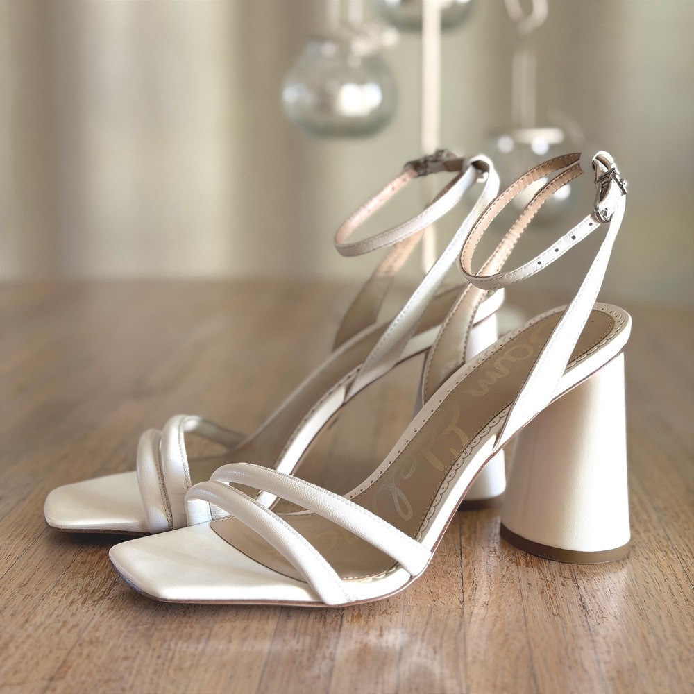 Sam Edelman Kia Block Heel Sandals White Leather Square Toe 7 Bridal Minimalist